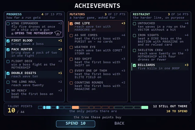The achievements board, part-earned.