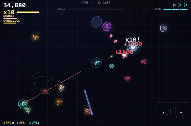 The arena mid-wave: enemies closing in, a volley in flight, the combo climbing.
