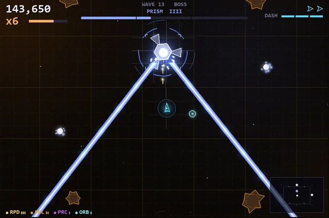A boss fight: two beams sweeping the arena and the ship firing back from the gap.