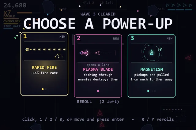 The card draft: three power-ups offered between waves.