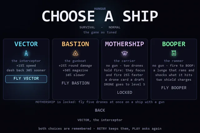 The hangar: the ships and what each one is good at.