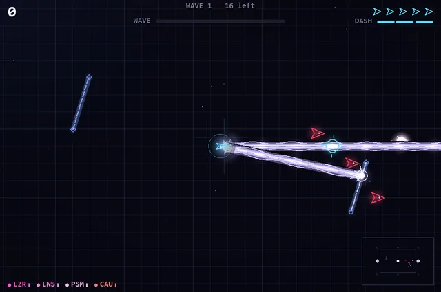 The ship's laser splitting through a crowd of enemies.