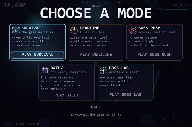 The mode select: survival, deadline and the rest, each with its emblem.