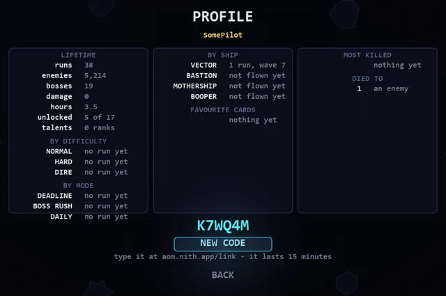 The profile screen offering a code that links a pilot to a Discord account.