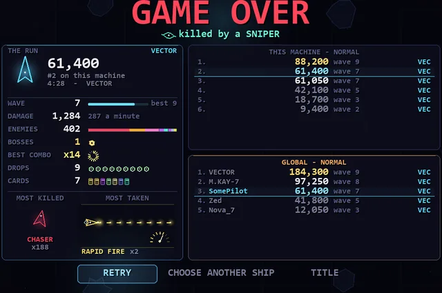 The results screen: the run's numbers beside both leaderboards.
