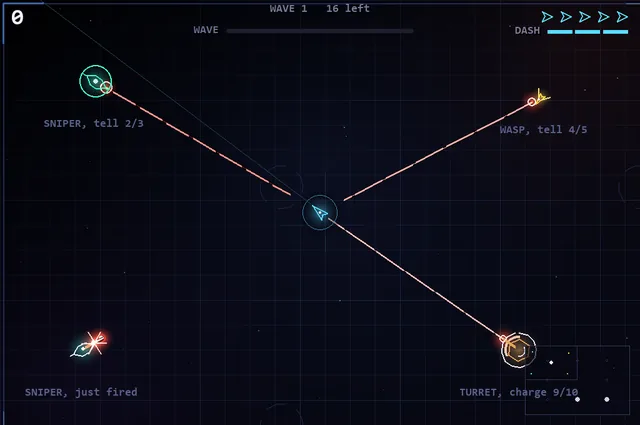 A sniper, a wasp and a turret mid-tell, their lines converging on the ship.